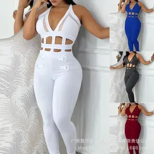 2024 New Women’s White Slim Fit Jumpsuit with Hollow Strappy Neckline, Sleeveless, Solid Color, Spring/Autumn Fashion