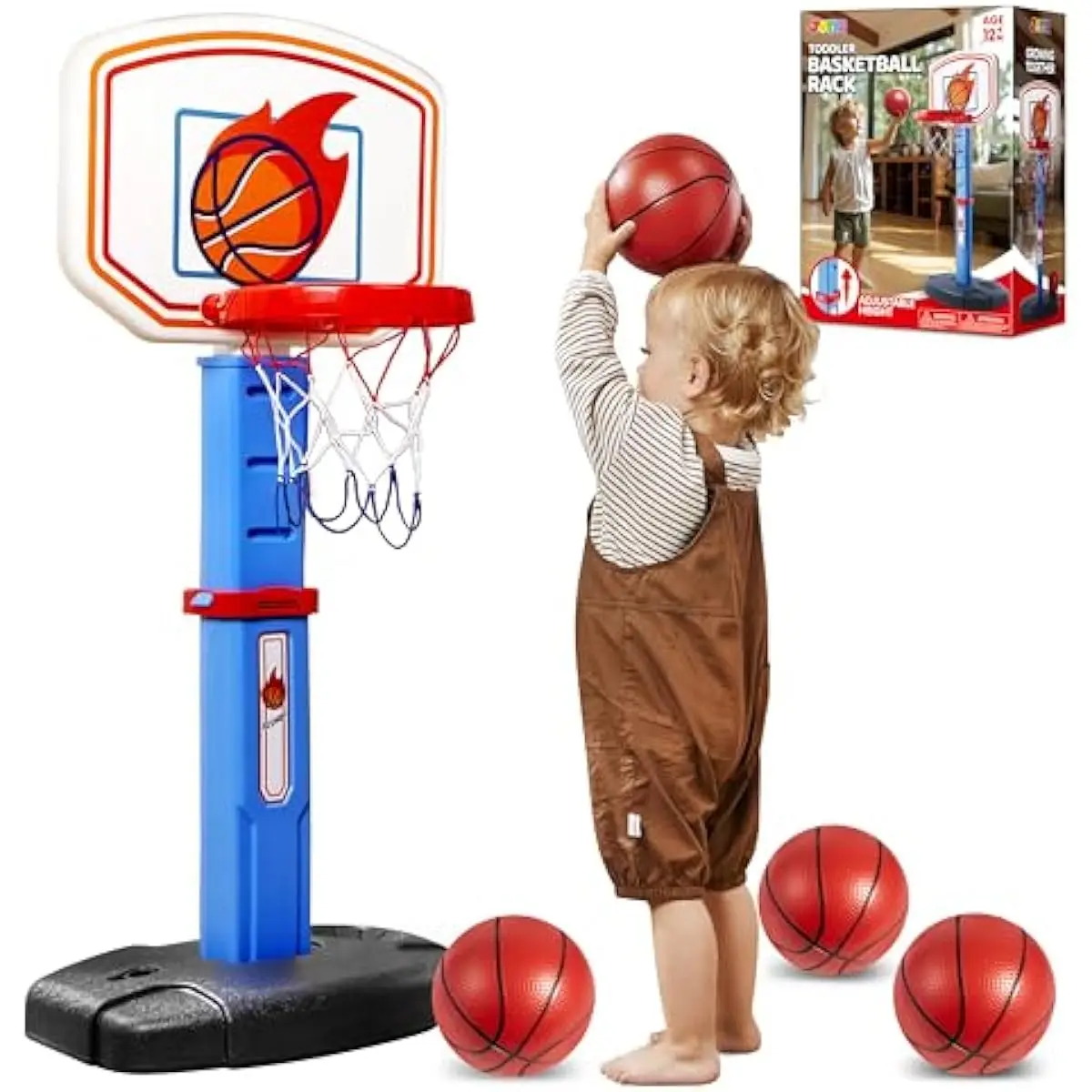 Toddler Basketball Hoop Indoor, Adjustable Basketball Goal for Kids with 4 Balls, Game Toys for Playroom Pool Outdoor, Birthday Gift for Baby Boys Girls Age 1 2 3 4 - Air Pump Included