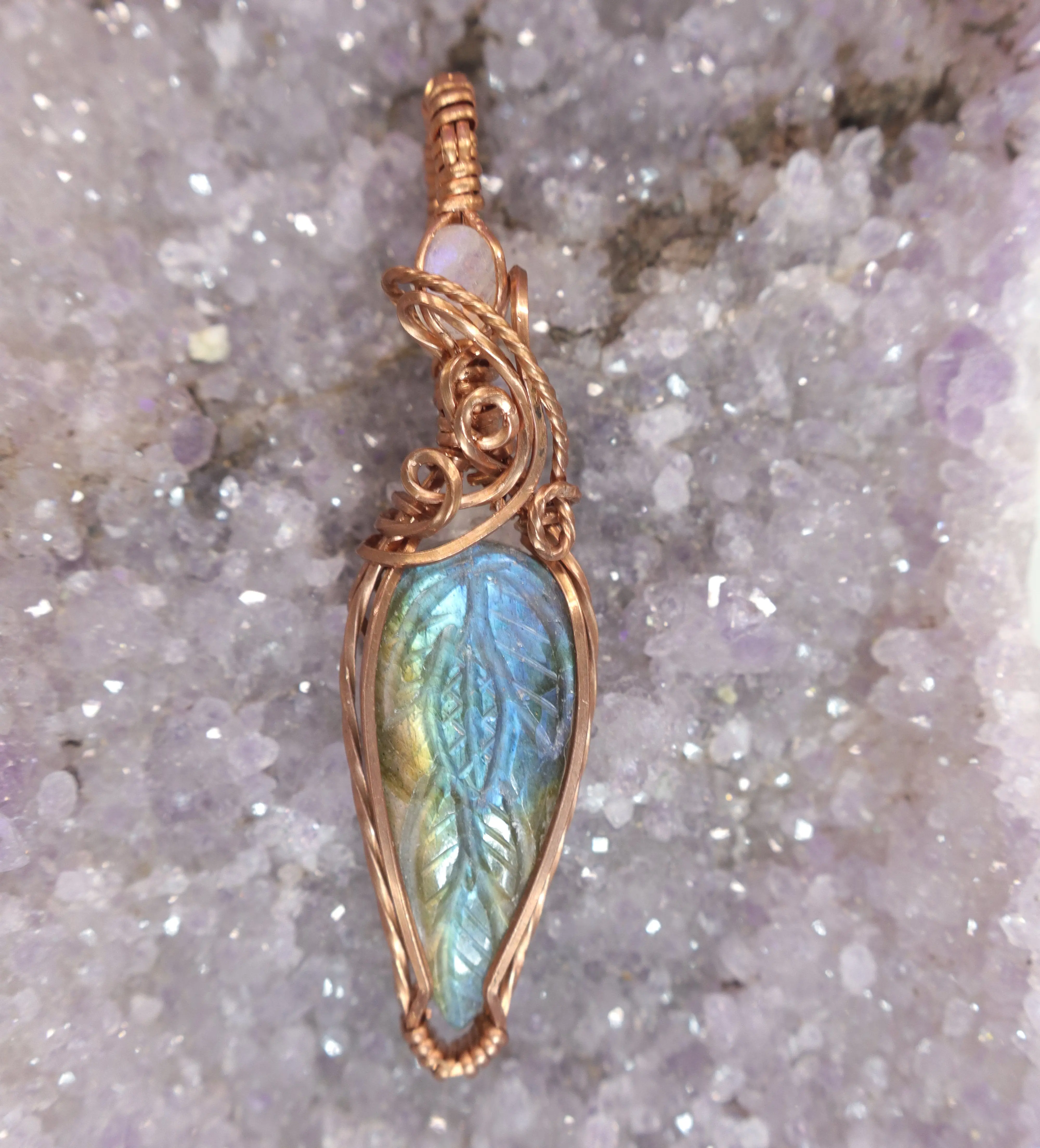 Wire Wrapped Carved Labradorite With Moonstone Faceted Accent Stone