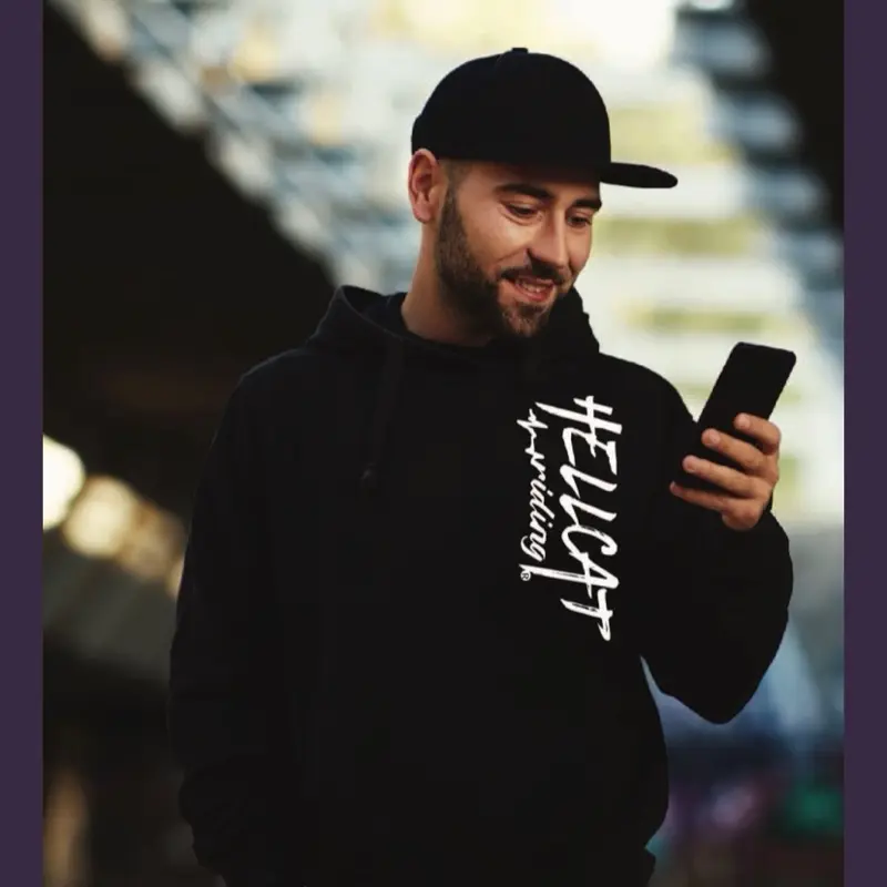 HELLCAT Riding Pullover Hoodie - High Quality Men's Sweatshirt with Logo, Hood, and Front Pocket - Sweatshirts, Menswear Long Sleeve