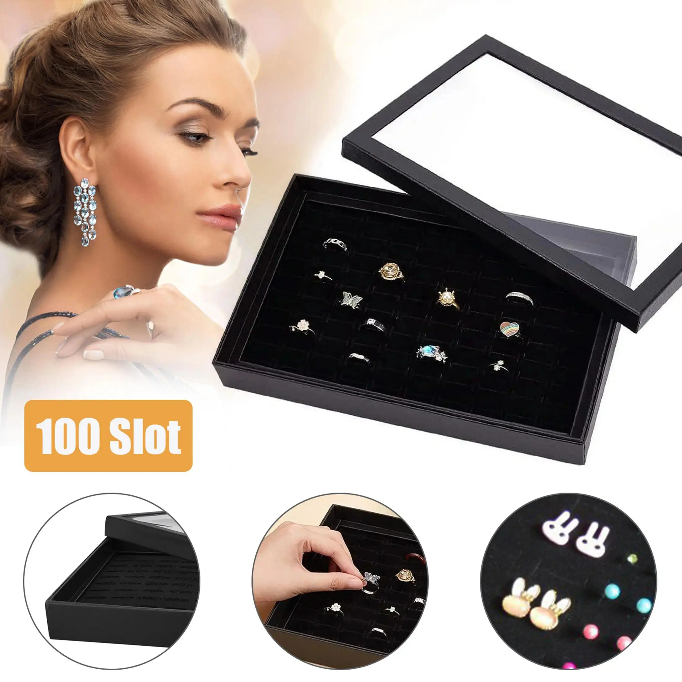 Classic 100-Slot Ring Storage Jewelry Display Tray, Elegant Stackable Dustproof-Lidded Box, Large-Capacity Organizer with Storage Bag, Ideal Gift for Stud Earrings