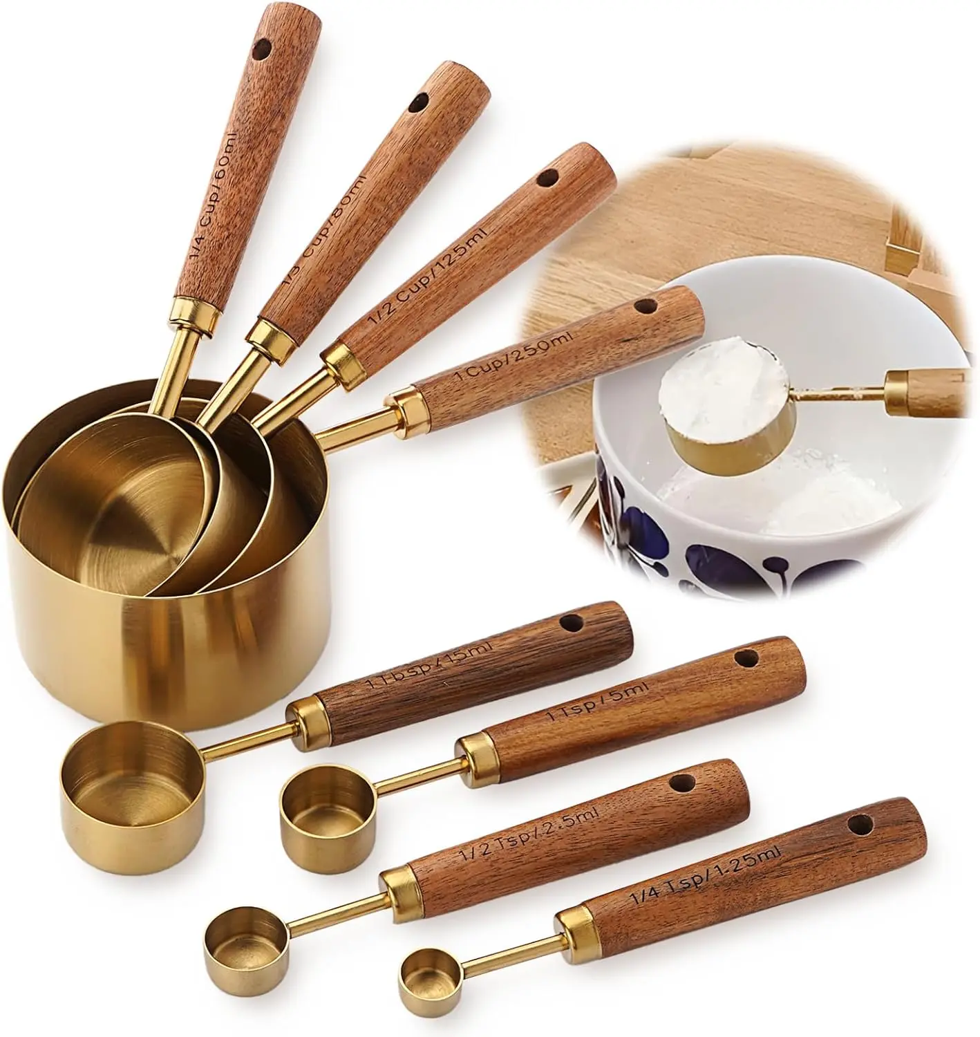 Golden Measuring Cups Set of 8 - Stainless Steel Measuring Spoons Combo, Sturdy Acacia Wooden Handles, Accurate 0-500 ml Kitchen Measuring Utensils for Cooking, Baking