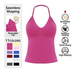 SUNVADUN B377 Sportswear Top Lace-Up Sleeveless Yoga Vest V-Neck Stretch Vest Crop Top for Women Fitness Vest Open Back Athletic Minimalistic Activewear Gym Apparel with Removable Cup Moisture Wicking Quick-Drying High Elasticity