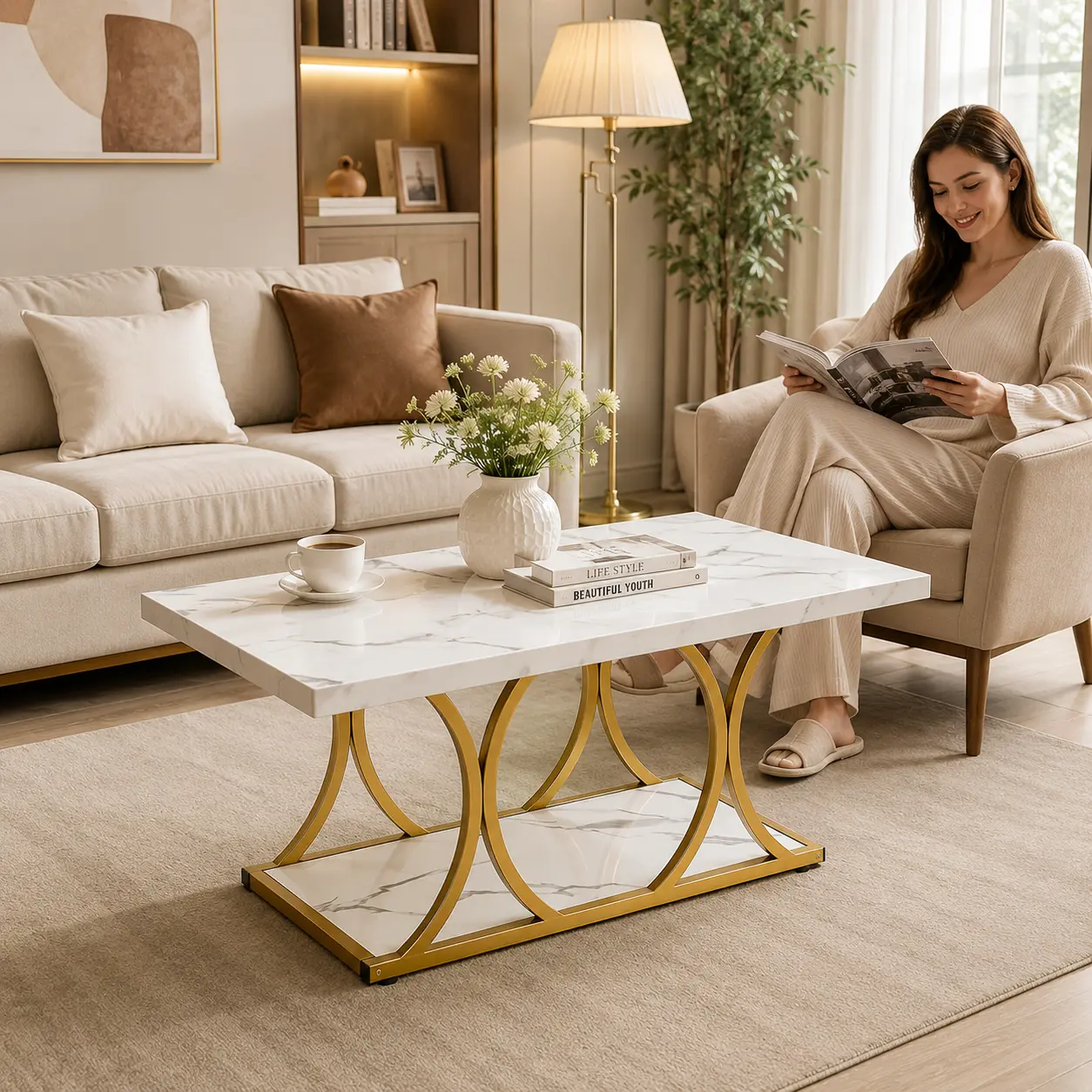 Modern Faux Marble Coffee Table with Metal Frame, Rectangle Center Table for Living Room, Contemporary Accent Cocktail Table, Easy Assembly