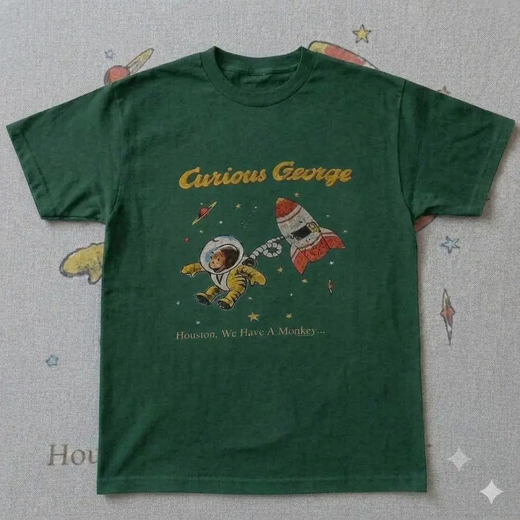 Curious George Astronaut Space Rocket T-shirt And Baby Tee | Vintage Outer Space Cartoon Graphic Shirt, Retro Monkey Top, Nostalgic Childhood Book Character Clothing, Funny Outer Space Gift