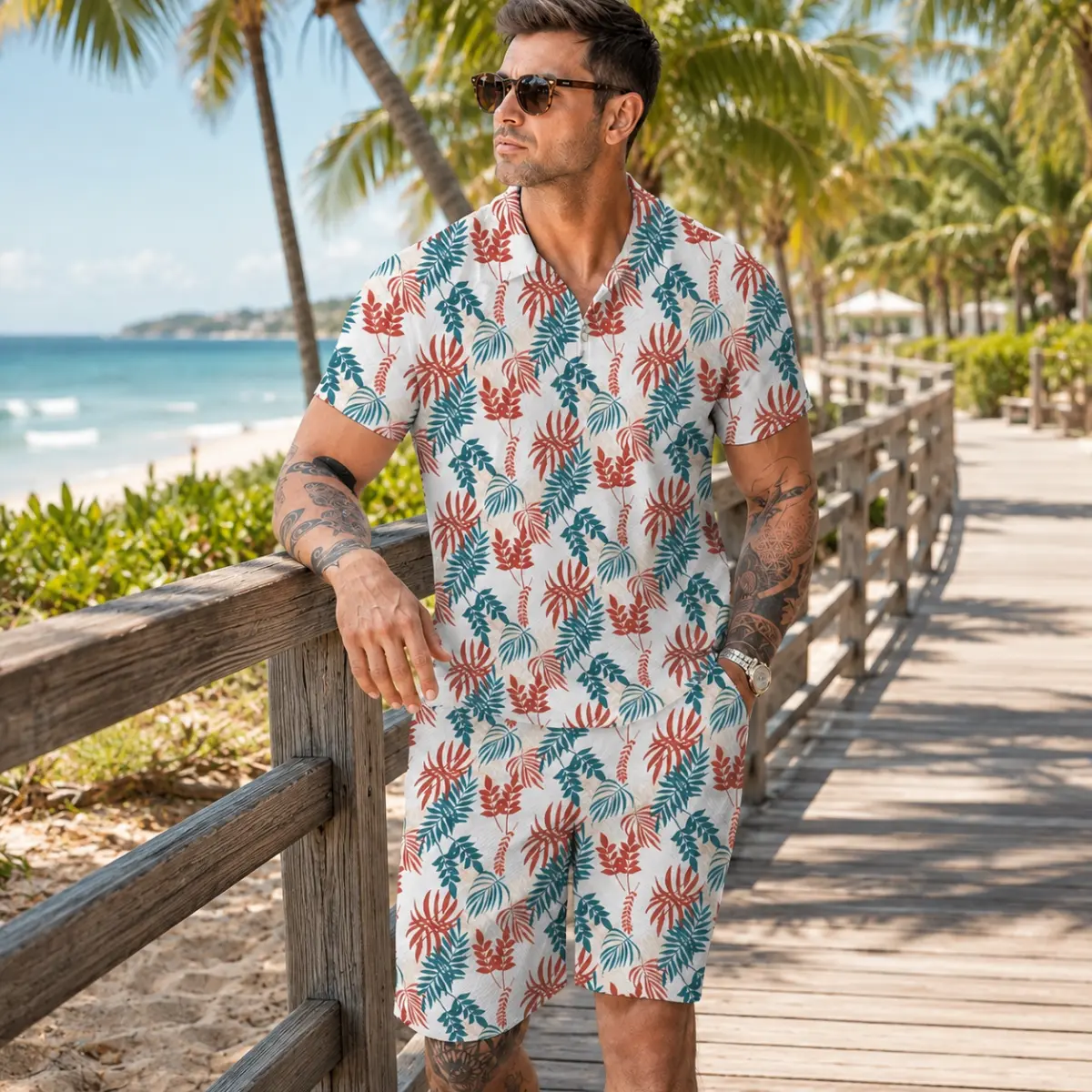 Men's Tropical Print Matching Set, Short Sleeve Collared Top and Coordinated Shorts 2 Piece Summer Outfit, Quick Dry Breathable Lightweight Clothing for Beach, Vacation, Resort, Cruise, Pool Party, Holiday Travel and Casual Streetwear