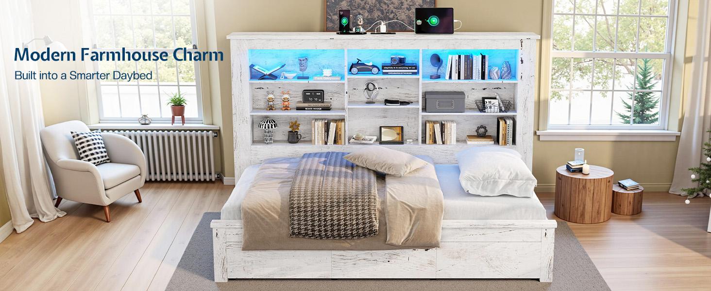 AMERLIFE Twin Daybed with Bookcase Headboard, USB-C Charging, RGB Lights & 3 Drawers, No Box Spring Needed, Farmhouse Wood Bed Frame for Teens, Dorms, Guest Room, Black/Best Gift Ideas/Christmas Gifts