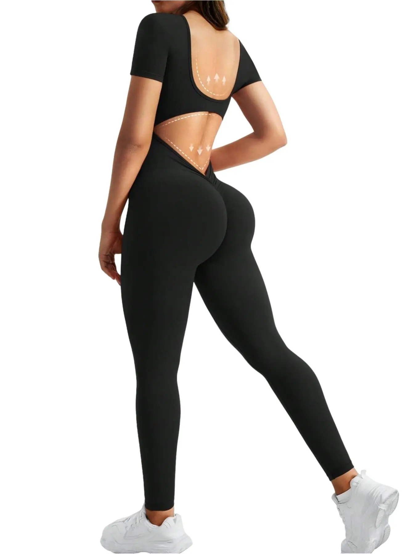 Plus Size Seamless Yoga Jumpsuit, Tummy Control Butt Lifting Workout Bodysuit, Open Back Short Sleeve Sport Jumpsuit, Activewear Jumpsuit, Sports Jumpsuit, Athletic Jumpsuit, Workout Jumpsuits for Gym Fitness