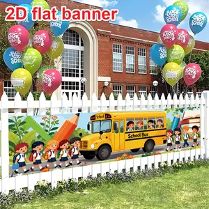 Back-To-School Party Banner, Polyester Material, Includes Bus, Backpack, Pencils, Books, Greenery, 1 Piece, 17x78 Inches