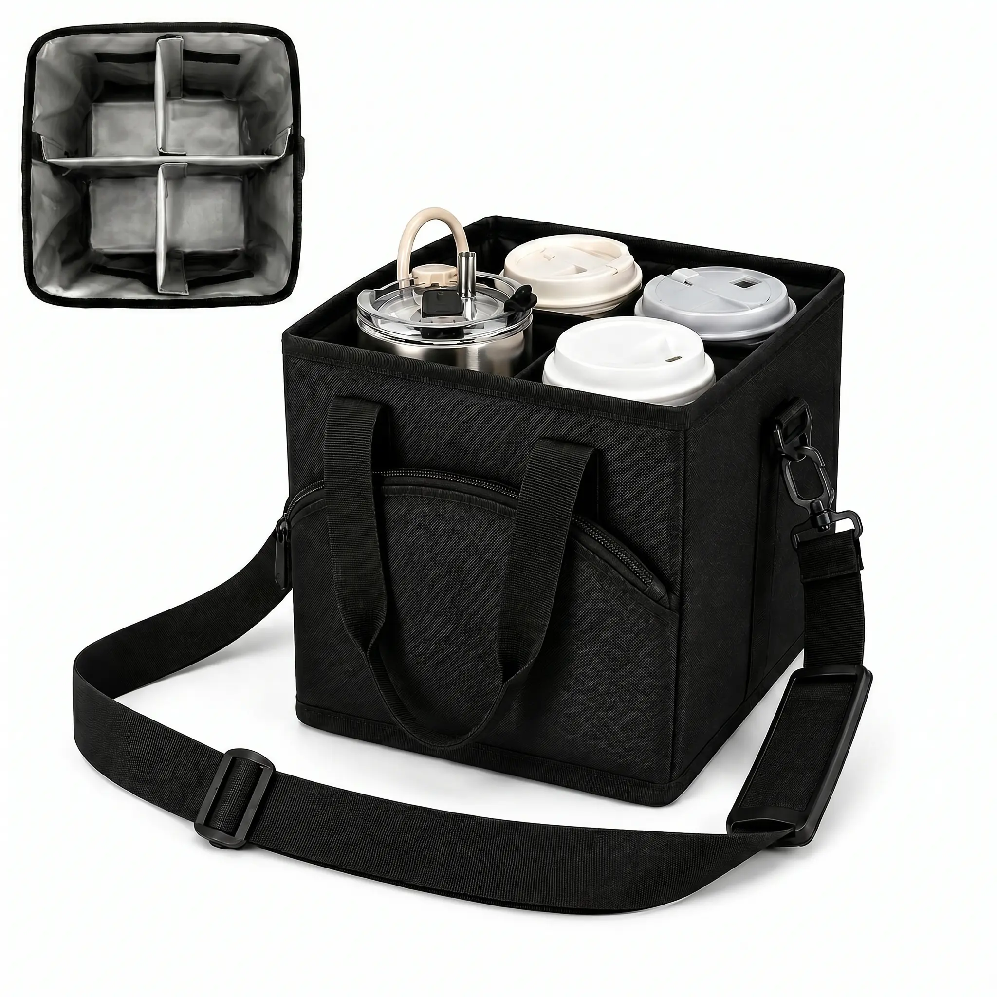 Drink Carrier Bag, Insulated Drink Holder Bag, 4 Compartment Drink Carrier Tote Bag with Adjustable Dividers, Reusable Oxford Fabric Cup Carrier Caddy with Handle and Shoulder Strap for Coffee Delivery, Car, Beach, Sports, Picnics and Family Outings