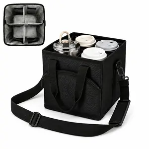 Drink Carrier Bag, Insulated Drink Holder Bag, 4 Compartment Drink Carrier Tote Bag with Adjustable Dividers, Reusable Oxford Fabric Cup Carrier Caddy with Handle and Shoulder Strap for Coffee Delivery, Car, Beach, Sports, Picnics and Family Outings
