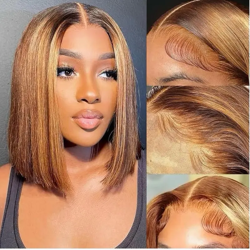 Honey Blonde Bob Wig Human Hair Highlight Ombre 13x6 HD Full Lace Front Wigs Human Hair Pre Plucked 180% Density Frontal Straight Bob Wigs for  10 Inch