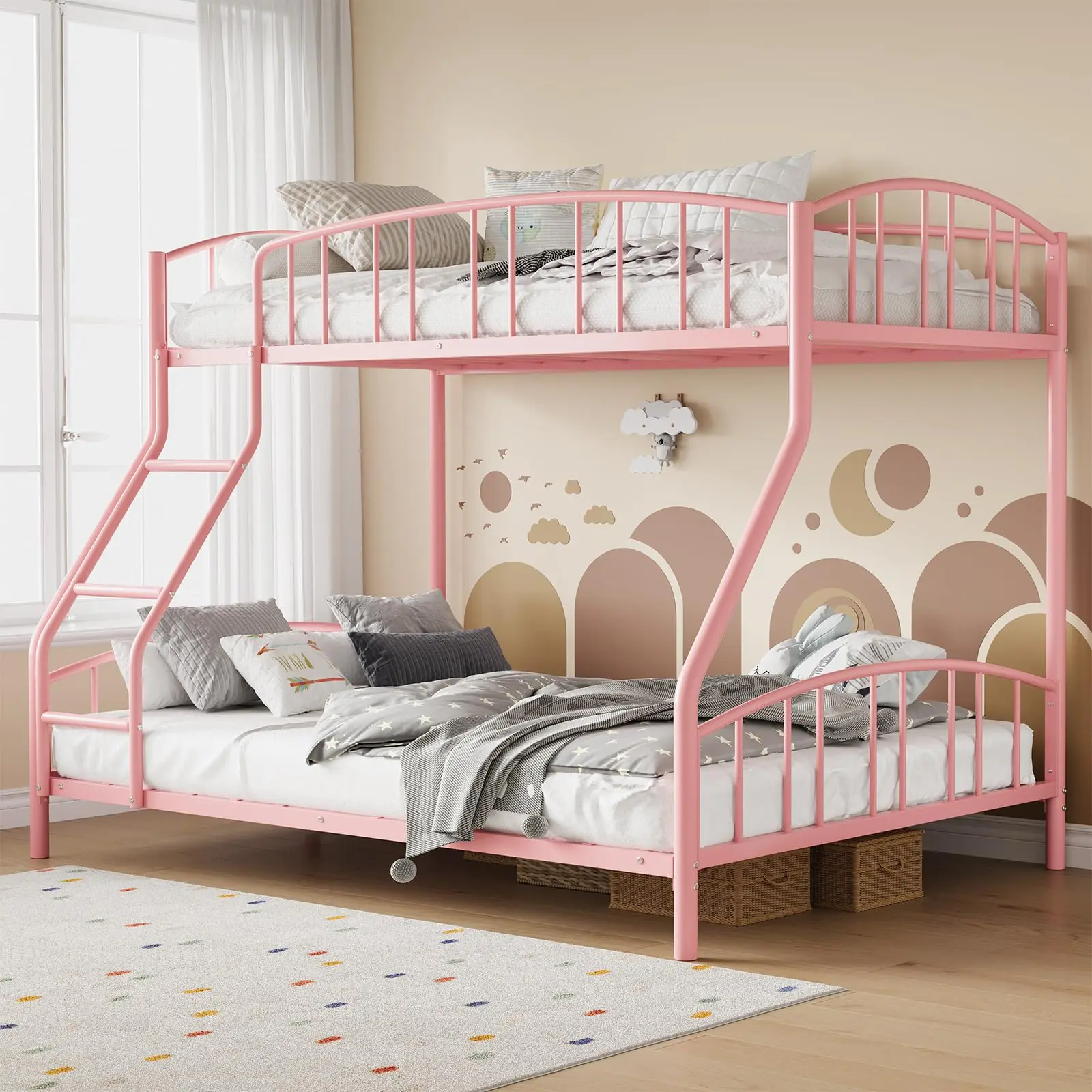 Garvee Twin over Full Bunk Bed with Ladder and Arched Guardrail, Heavy Duty Steel Frame with Sturdy Slats Support, Space-Saving Design, No Box Spring Needed, Pink, Ideal for Boys and Girls