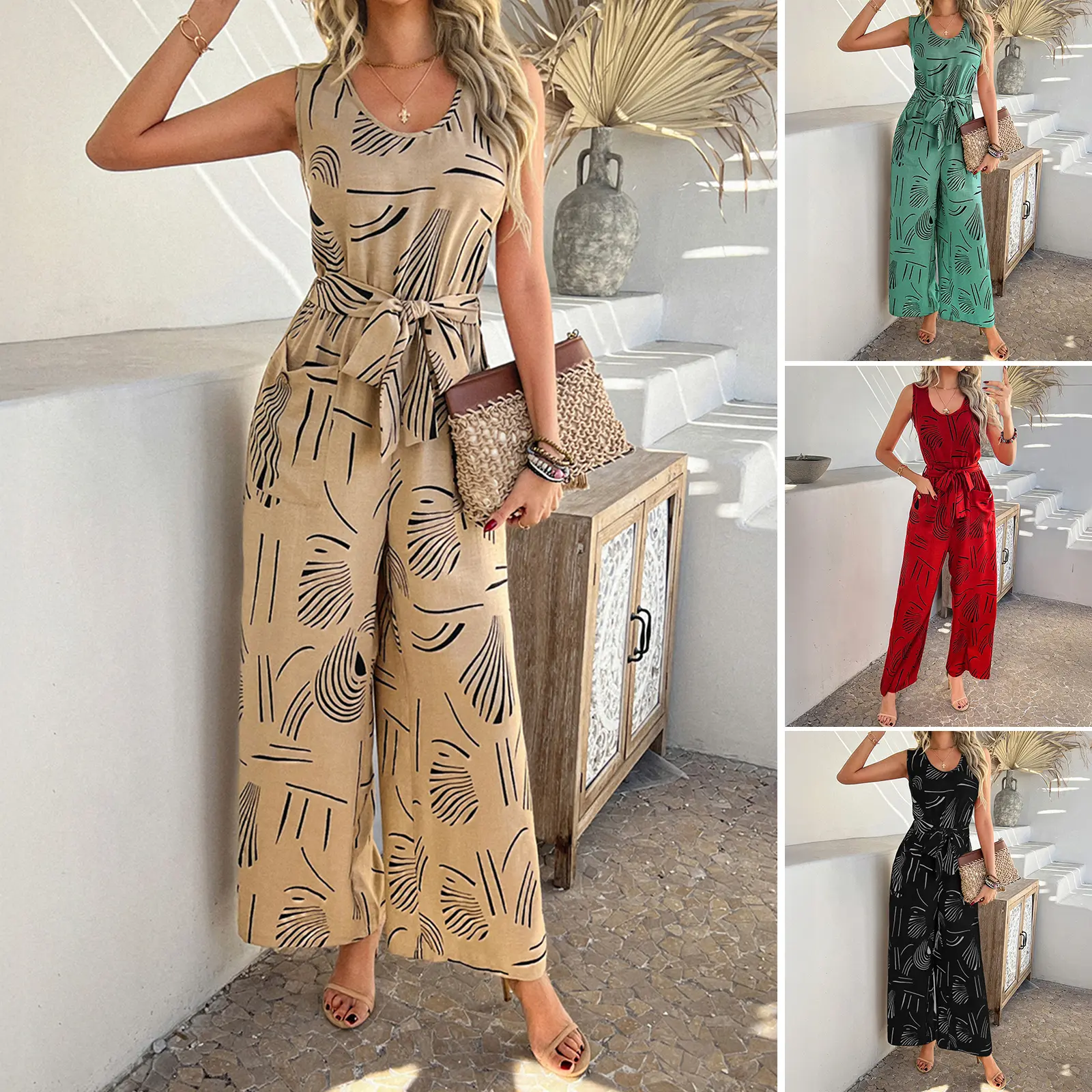 Women's Printed Jumpsuit, Casual Breezy Sleeveless Wrap V-Neck, Loose-Fit Polyester Overalls with Belt, High-Waist Flared Pants for Summer Holiday, Fabric, Jumpsuits For Women