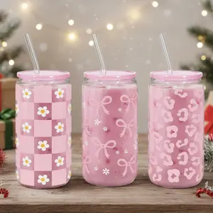 Sandjest GlassGlow 16oz Cute Glass Cup, Iced Coffee Drinking Can Shaped Mug with Lid & Straw, Drinkware Home Office, Halloween Christmas Gift