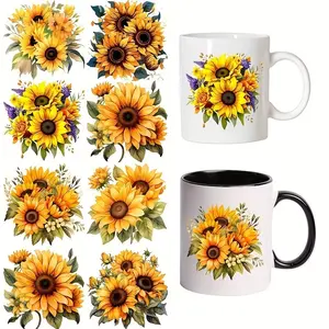 8pcs Sunflower-Themed Design Heat Transfer Sticker Set, UV DTF Stickers, Decal, Scratch-Resistant Stickers, Suitable for Mugs, Glassware, Various Hard Surfaces, High-Quality Craft Stickers, Artistic Transfer, Decorative Stickers, Vinyl Material