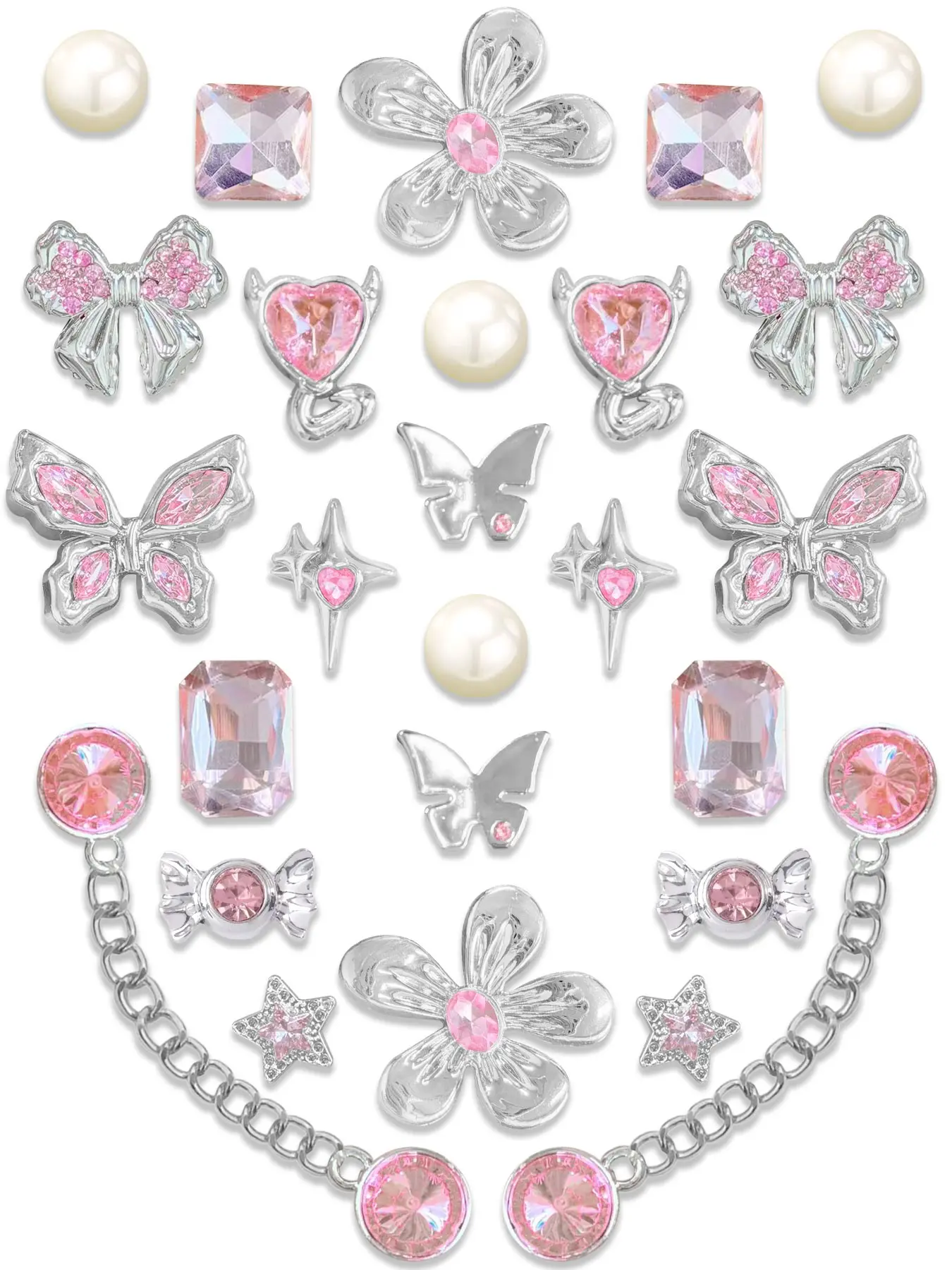 26pcs Silver Sparkle Resin Shoe Buckles, Butterfly Star Chain DIY Shoe Accessories, Hole-In-Shoe Decorative Parts, Bling Shoe Charms, Cute Shoe Decorations, Sparkling Shoe Charms