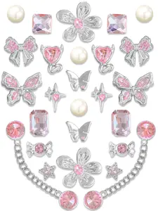 26pcs Silver Sparkle Resin Shoe Buckles, Butterfly Star Chain DIY Shoe Accessories, Hole-In-Shoe Decorative Parts, Bling Shoe Charms, Cute Shoe Decorations