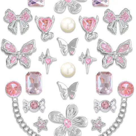 26pcs Silver Sparkle Resin Shoe Buckles, Butterfly Star Chain DIY Shoe Accessories, Hole-In-Shoe Decorative Parts, Bling Shoe Charms, Cute Shoe Decorations, Shoe Decor Accessory
