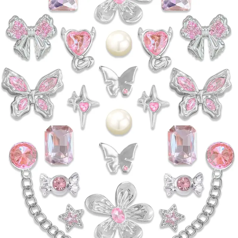26pcs Silver Sparkle Resin Shoe Buckles, Butterfly Star Chain DIY Shoe Accessories, Hole-In-Shoe Decorative Parts, Bling Shoe Charms, Cute Shoe Decorations, Shoe Decor Accessory