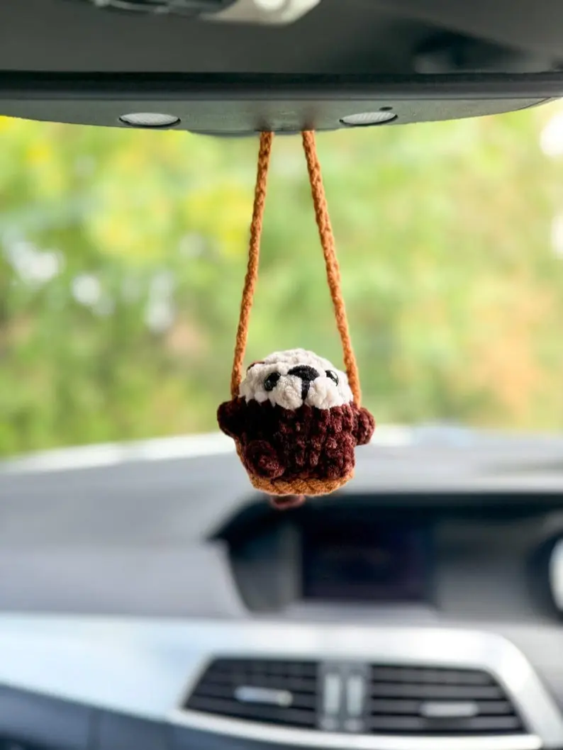 Crochet Otter on a swing Car Charm, Car Accessory, Car Hanging, Cute Car Decor, New Driver, Gift for Her