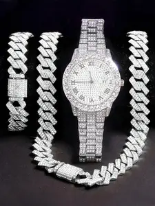 3-piece men's street trendy rhinestone decorated quartz watch&Cuban chain necklace&bracelet, jewelry watch set, party fashion watch set, daily accessories, fashionable full set&exquisite birthday gift watch set