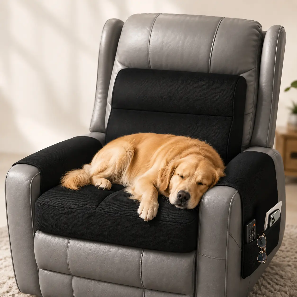 28d Memory Foam Recliner Cushion with Soft Top - 20×16.5in Ergonomic Seat Pad for Elderly, Pressure Relief, Easy Get Up, No Repositioning, Removable Arms, Raised Cushion, Non-Slip Bottom, Quick Shape Recovery, Tv Remote, Side Storage Pockets