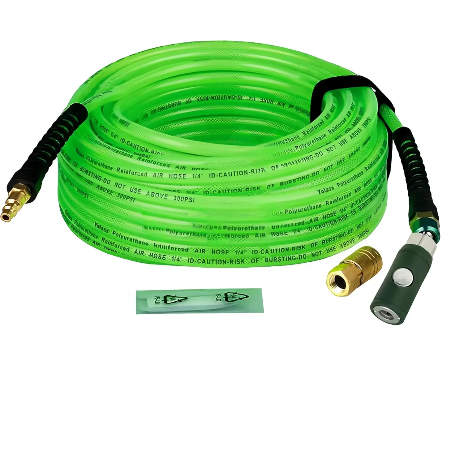 1/4" x 100 ft Lightweight Green Transparent Synthetic Reinforced Polyurethane (PU) Air Hose, with 1/4" 360-Rotary Coupler, Plug Fitting, Bend Limiter, All-Weather Flexibility for Garage, Workshop