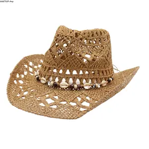 Women's Crochet Straw Cowboy Hat - Breathable Western Sun Accessory with Shell Bead Band, Hollow-Out Beach Piece for Summer, Travel