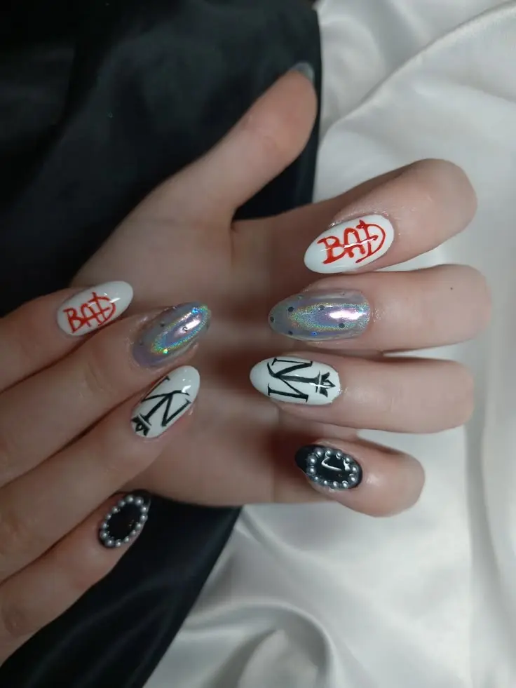 Michael Jackson Inspired Press-On Nails – Black White Silver Chrome Nail Art, Red BAD Lettering, Pearl Accent Almond False Nails