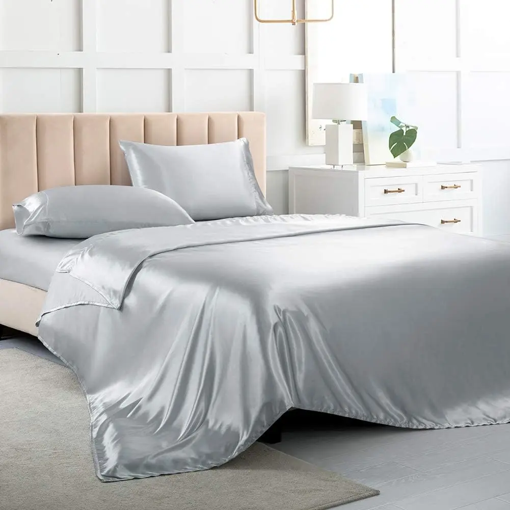 Bed Sheets Full Size Sheet Sets, Silver Grey Silk Sheets, 4 - Pieces Soft Bedding Set with 1 Deep Fitted Sheet,1 Flat Sheet,2 Pillowcase