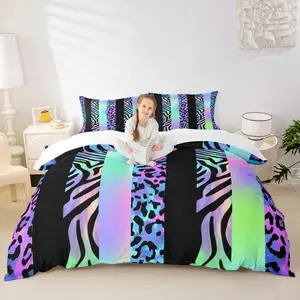 Feelyou Kids Duvet Cover Set - Leopard Pattern Blanket, Abstract Cheetah Print, Zebra Skin Design, Geometric Stripes Patchwork Quilt Cover, Microfiber Bedding Set