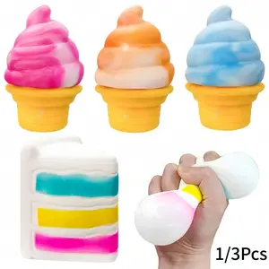 1-Pack or 3-Pack Squeezable Ice Cream Toys, Squishy Sensory Play, Sensory Stress Relief Cone Cake Squeeze Toys, Fun Summer Birthday Party Gifts