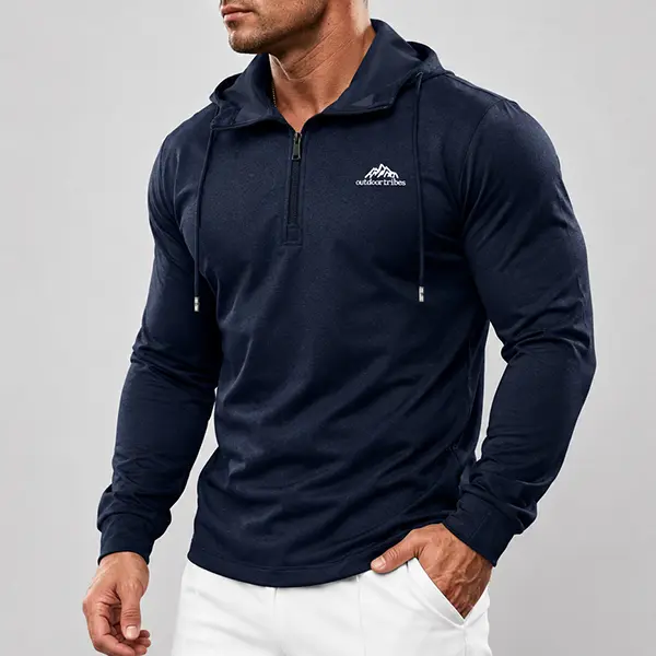 Men’s athletic long-sleeve quick-dry breathable stretchy American-style fitness muscle zip-up hoodie jacket with half zipper
