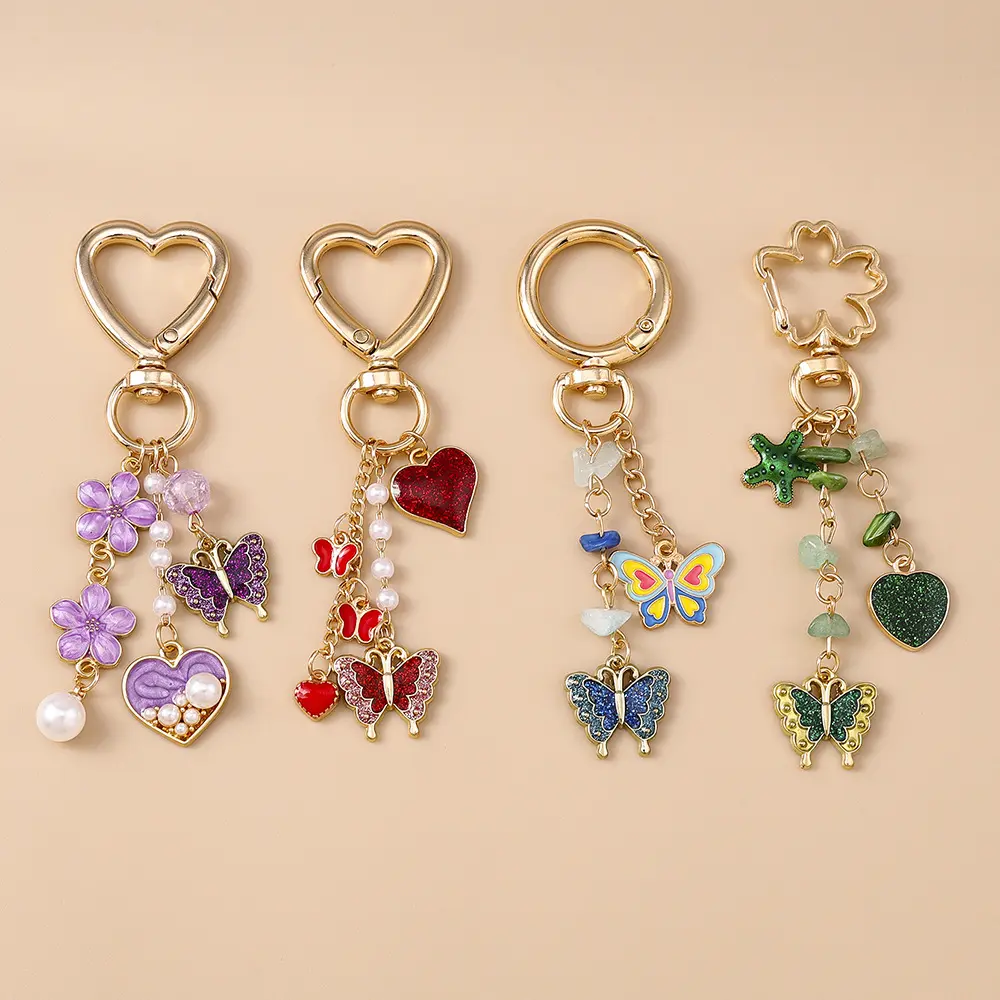 Glitter Butterfly Heart Keychain Charm, Dainty Floral Crystal Bead Bag Pendant, Gold Tone Lobster Clasp Purse Accessory For Backpack Daily Styling Friendship Small Souvenir Gift