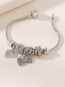 Silver Color Fashion Versatile Women's Rhinestone Heart Lock Flower Gift Pendant Jewelry Bracelet, Elegant Accessory for All Occasions, Heart Cuff Bracelet, Fashionable Jewelry Accessories
