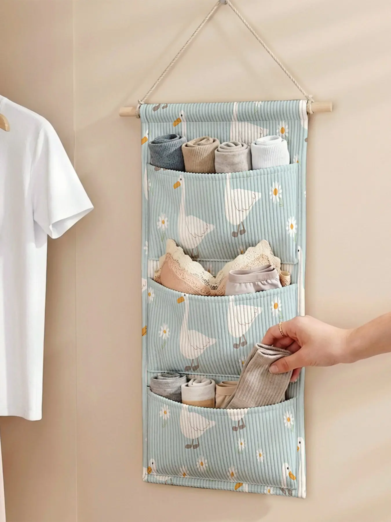 Kitchen Door Hanging Storage Bag, Goose Pattern, 2D Print, Three-Layer Multi-Compartment, Organize Kitchen Tools, Spices, Towels, Small Items