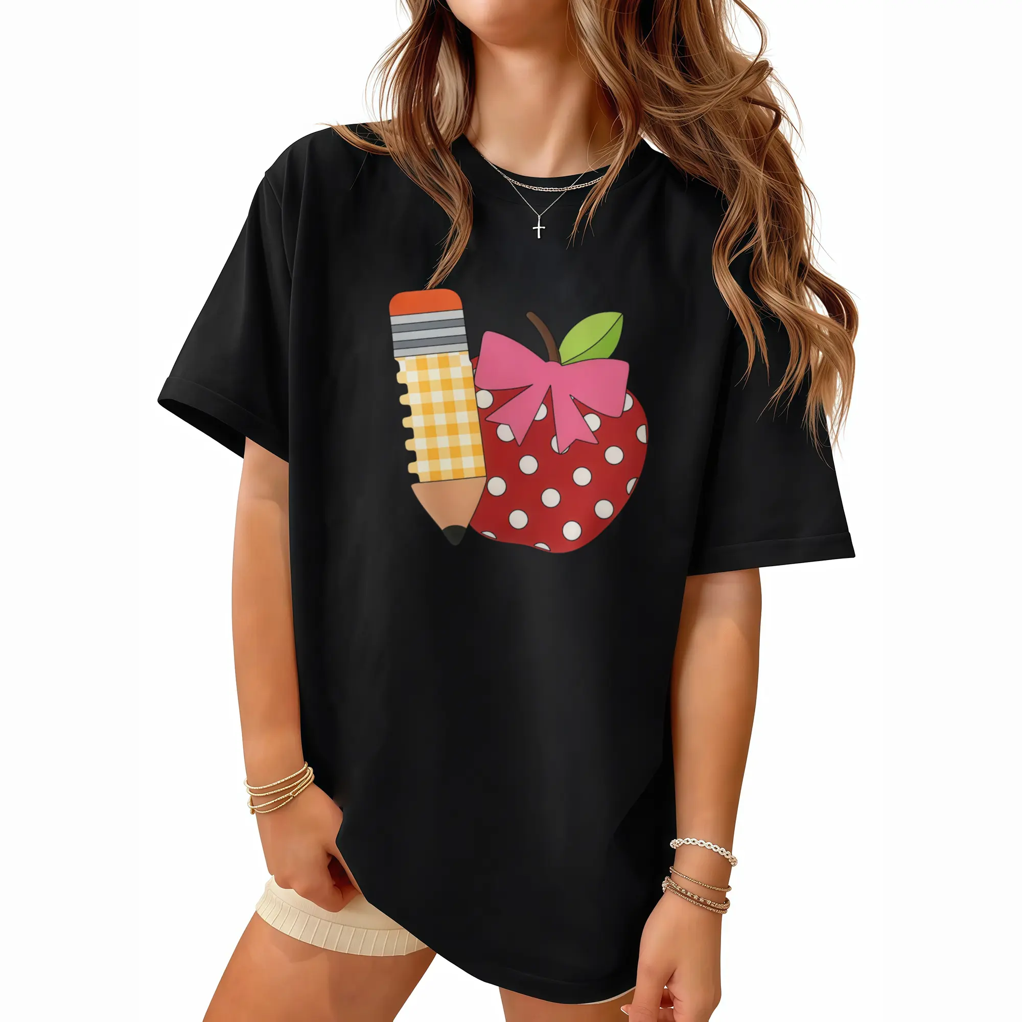 Preppy Teacher Shirt Women Apple Pencil Graphic Tee Pink Bow Top