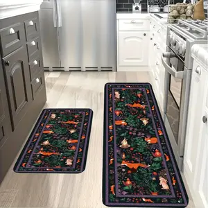 2-Piece Woodland Fox Kitchen Rugs Set, Non-Slip Absorbent Floor Mats, 16"x24"+18"x47"Machine Washable Low Pile Boho Forest Animal Kitchen Runner Mats for Kitchen, Sink, Laundry Room, Entryway