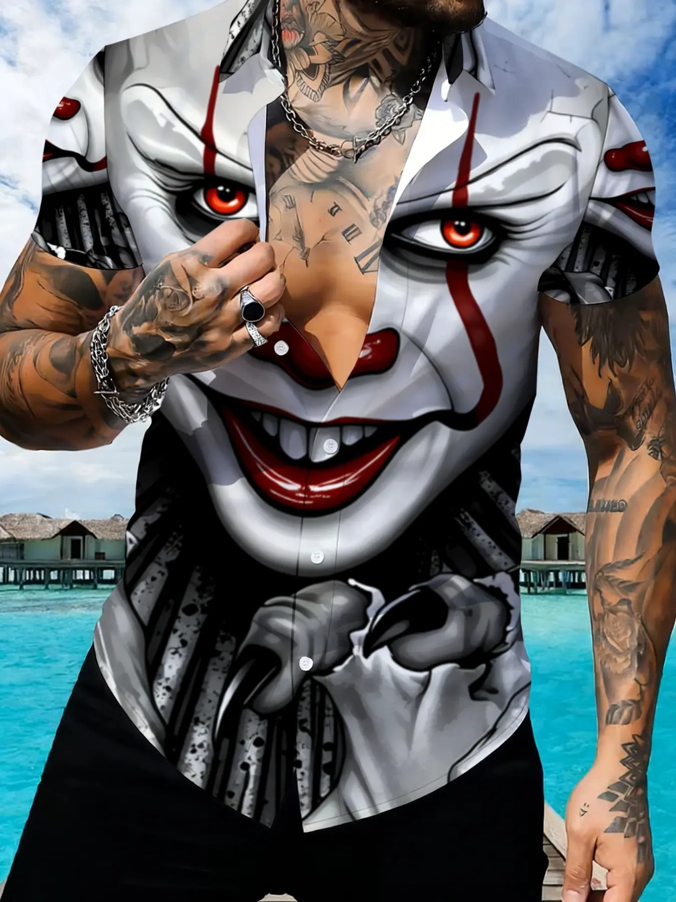 Clown Pattern Printed Short Sleeve Shirt, Men's Fun Anime Fashion Wear, Horror Movie Character Design, Summer Casual Top