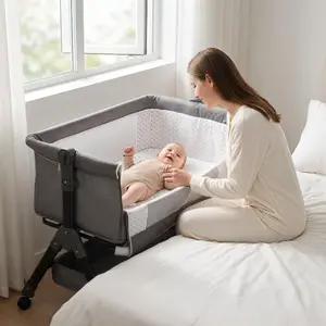 Baby Bassinet 5 in 1,Baby Bedside Bassinet with Diaper Table, Mosquito Net, Mattress, Storage Layer, Can Be Stored in One Button Travel Crib (Beige)