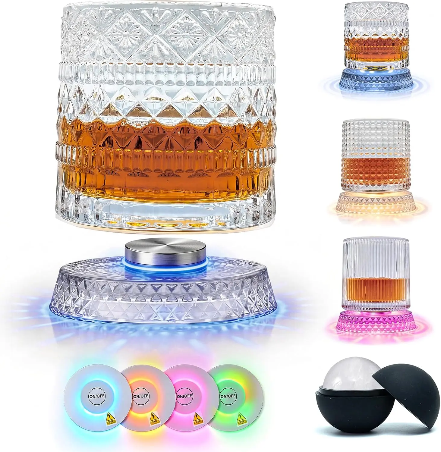 Vintage Ribbed Cut Crystal Whiskey Glass Set - 360-Degree Rotates, 4-Color Mood Light, 4-Tone LED Mood, Ambient LED Colors, Glow Your Drink, Home Bar Accessories, Thoughtful Gift Choice