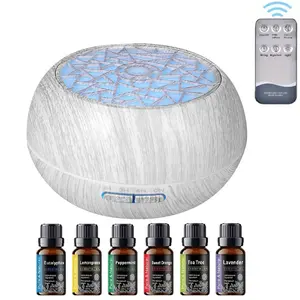 2025 Upgraded 550ml Wood Grain Essential Oil Diffuser Humidifier Set - Remote, 7-Color LED, 6 Therapeutic-Grade Oils, Quiet Auto-Off