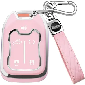 for GMC Key Fob Cover with Keychain，Key Case Shell TPU Full Protection Compatible with GMC Chevy Acadia Sierra Terrain Silverado 1500 2500HD 3500HD (Pink, 5 Button) Car Key Protector Car Key Accessory