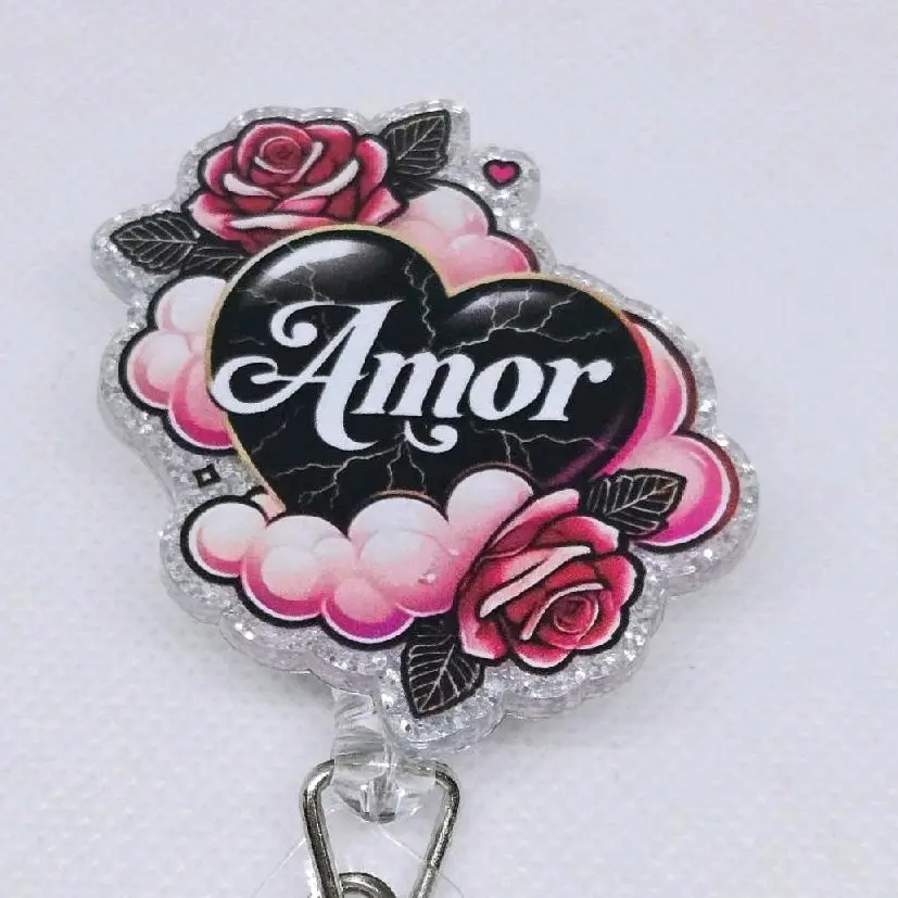 Amor With Heart and Roses Glitter Acrylic Retractable Badge ID Reel Belt or Alligator Clip Spanish for Love