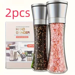 2pcs Heavy-Duty Stainless Steel Salt and Pepper Grinder Set/Adjustable Ceramic & Tall Glass Mills/Suitable for Sea Salt, Peppercorns, Spices/Modern Kitchen Mills for, Restaurants, for and Commercial Use