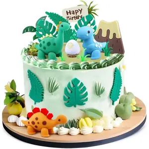 F-PSD12  15PCS Cartoon Dinosaur Cake Toppers, Cute Dino Egg Leaves Grass Volcano Cake Decorations for Kids Birthday Baby Shower Dinosaur Animal Theme Party Supplies Gift Fairy