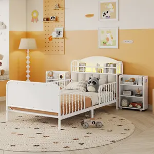 [Bellemave]Twin/Full Size Metal Platform Bed Frame with Light, Kids Twin Metal Bed with Upholstered and Pull Out Storage Shelves, White (Expect Arrival Date 2025/10/5)
