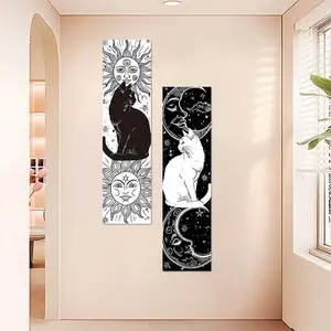 1 Set 2Pcs Celestial Cat Tapestry Black and White Wall Hanging for Bedroom, Living Room, Party or Room Decor 59*15.75inch Polyester Flag for Bedroom Wall Decor Aesthetic As Excellent Ideal Birthday Gifts for Friends