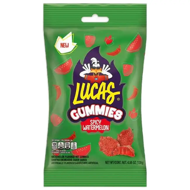 Lucas GMO-Free Tangy Chewy Candy Gummy Snack - Spicy Watermelon Flavor, Sweet Chili Powder Coated, 4.59 oz Resealable Chewy Candy Treat Bag